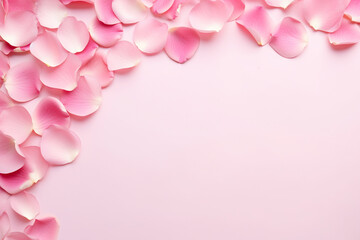 roses and petals on a pastel pink background flat lay with copy space