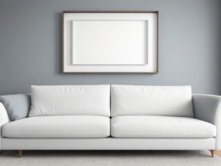 Interior of modern living room with white sofa and blank picture frame.