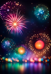 Fototapeta premium Abstract colorful bokeh background and fireworks. Christmas eve, new year, holiday concept.