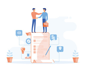 Business agreement concept, Business people standing on a signed contract, flat vector modern illustration 