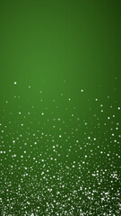 Falling snowflakes christmas background. Subtle flying snow flakes and stars on christmas green background. Beautifully falling snowflakes overlay. Vertical vector illustration.