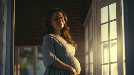 Fototapeta na wymiar A pregnant woman stood smiling in the corner of the window with light streaming through the window.
