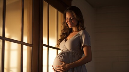 Fototapeta premium A pregnant woman stood smiling in the corner of the window with light streaming through the window.