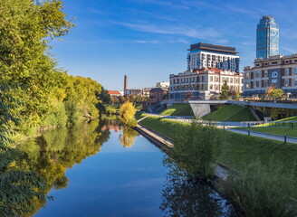 Modern buildings on the Iset River. Landscapes of Yekaterinburg.