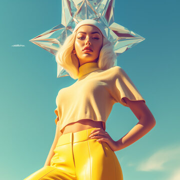 kreatywna moda blond modelka w ż&oacute;łtym topie z kryształową koroną patrząca z g&oacute;ry - creative fashion blonde model in yellow top with crystal crown looking down from above - AI Generated