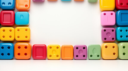 Colorful plastic bricks for kid, toddler, education and learning, toy shop, flat lay, copy space on white background