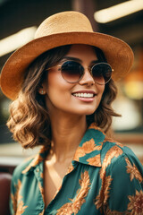 Frau mit Hut und Sonnenbrille, gen AI