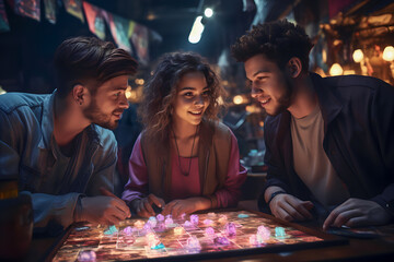 Group of young friends playing board games at night in the living room - obrazy, fototapety, plakaty