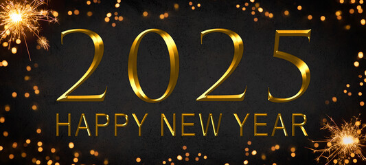 Happy New Year 2025, New Year's Eve holiday greeting card celebration wih text - Golden year number, bokeh lights and sparklers, black background