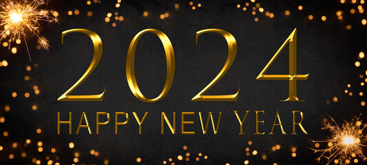 Happy New Year 2024, New Year's Eve holiday greeting card celebration wih text - Golden year number, bokeh lights and sparklers, black background