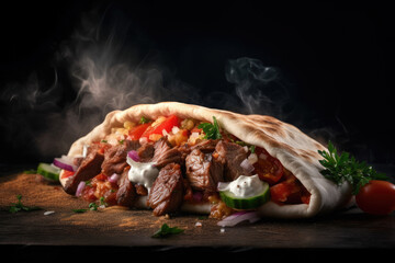 A shawarma with meat and vegetables on it - obrazy, fototapety, plakaty