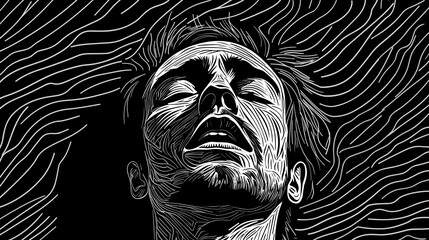 Abstract portrait of a young man suffering from depression and loneliness in vector line art style.