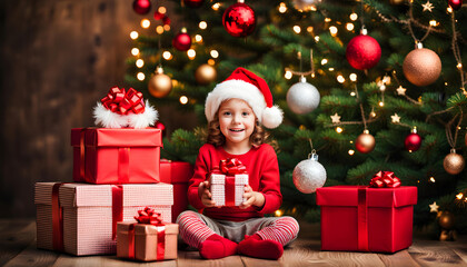 Fototapeta na wymiar A happy smiling girl wearing a Santa Claus hat and holding a present. A room with a Christmas tree and Christmas decorations.