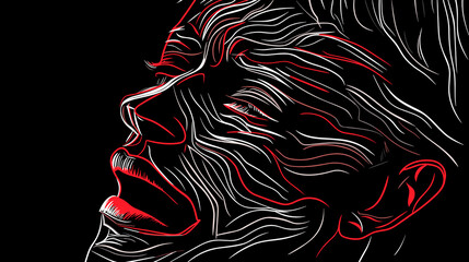 Abstract portrait of a young man suffering from depression and loneliness in vector line art style.