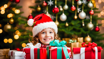 Fototapeta na wymiar A happy smiling girl wearing a Santa Claus hat and holding a present. A room with a Christmas tree and Christmas decorations.