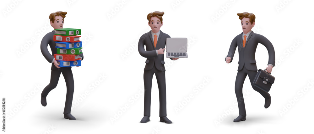 Aufkleber set of 3d clerks in different poses. man in business suit runs with stack of folders, shows laptop, 