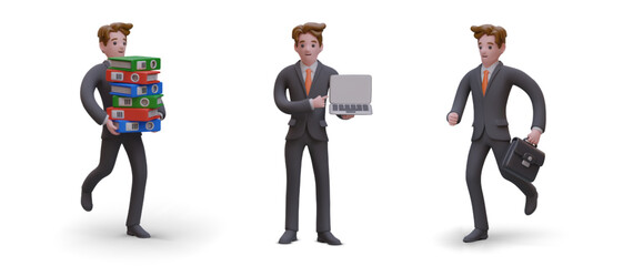 Set of 3D clerks in different poses. Man in business suit runs with stack of folders, shows laptop, rushes with briefcase. Workflow concept. Color dynamic illustrations for web design