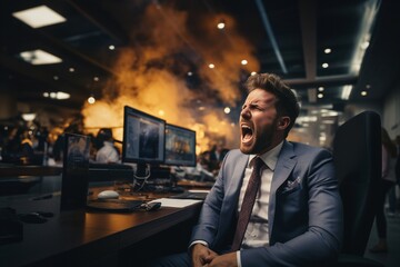 Mann im Büro erleidet Nervenzusammenbruch aufgrund von Burnout