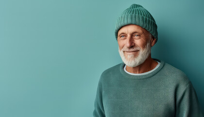 Portrait of an old retired man on a green background in winter clothes - obrazy, fototapety, plakaty