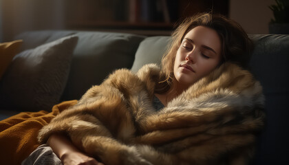 Woman sleeping in winter in her cozy bed