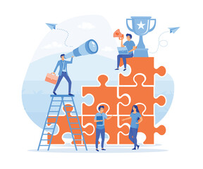 success of teamwork, cooperation and partnership. People working on their role with business woman cheering up by big gold trophy,  flat vector modern illustration 