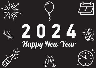 Fototapeta na wymiar Happy New Year in a white color cursive font and 2024 in a bold white color Font with decorative black and white new year celebration elements around it on a black background.