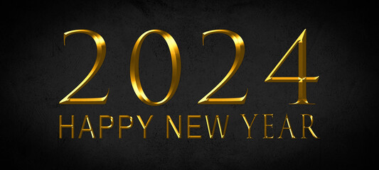Fototapeta na wymiar Happy New Year 2024, New Year's Eve holiday greeting card celebration illustration wih text - Golden year number on black concrete chalkboard background