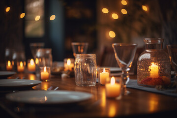 Fototapeta na wymiar Elegant table setting with candles in restaurant. Selective focus. Romantic dinner setting with candles on table in restaurant. 