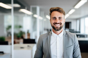 Fototapeta premium A photo portrait of a corporate man smiling in his workspace