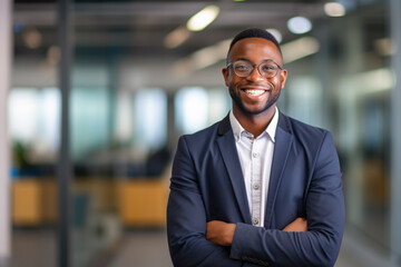 Fototapeta premium A photo portrait of a corporate man smiling in his workspace