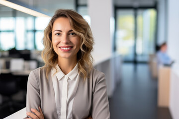 Obraz premium A photo portrait of a corporate woman smiling in her workspace