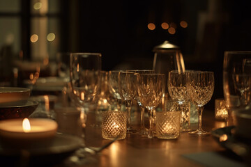 Elegant table setting with candles in restaurant. Selective focus. Romantic dinner setting with candles on table in restaurant.
