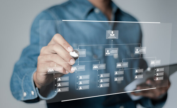 Business workflow process management concept. Workflow automation system with data diagram of the hierarchical structure of departments in business organization. digital transformation.