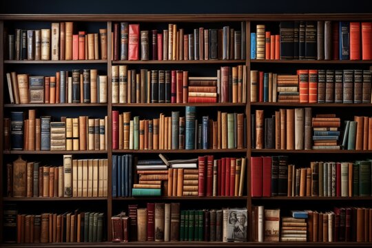 Classic wooden library with books. Education and study. Many books in an old vintage cabinet - Powered by Adobe