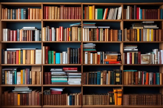 Classic wooden library with books. Education and study. Many books in an old vintage cabinet