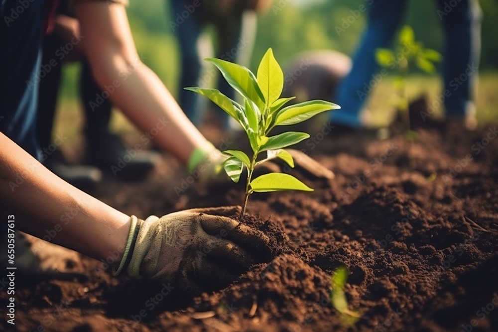 Wall mural People planting trees or working in community garden promoting local food production and habitat restoration