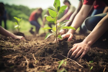 People planting trees or working in community garden promoting local food production and habitat restoration
