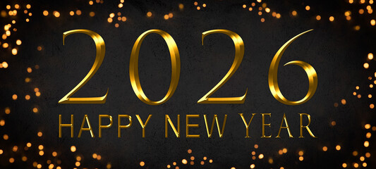 Happy New Year 2026, New Year's Eve holiday greeting card celebration wih text - Golden year number, frame made of bokeh lights, black background