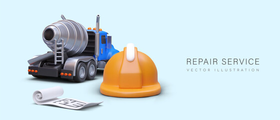 Repair services. Yellow protective construction helmet, concrete mixer, drawing. Ad concept with realistic illustration. Construction, replanning, elimination of communication pipes breakdowns