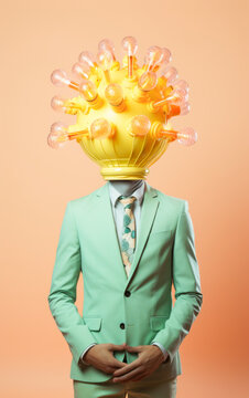 Environmental awareness background. Man with lightbulbs installation on his head. Ai generated image