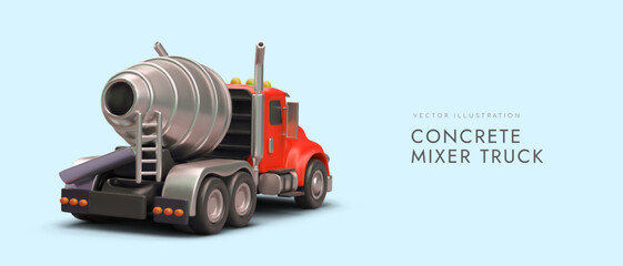 Back view of 3d realistic concrete mixer truck. Advertising poster with place for text and blue background. Transportation of ready-made cement. Colorful vector illustration