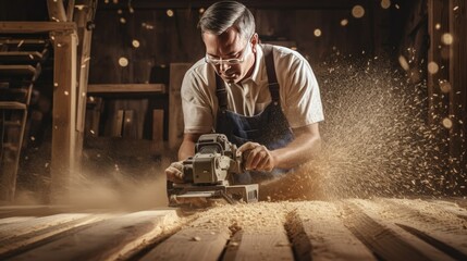 Carpenter blowing sawdust from wooden plank- generative AI, fiction Person