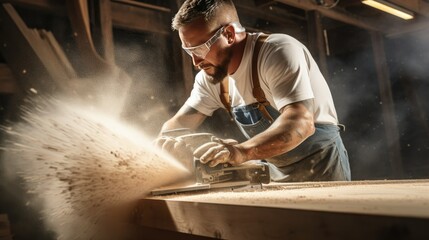 Carpenter blowing sawdust from wooden plank- generative AI, fiction Person