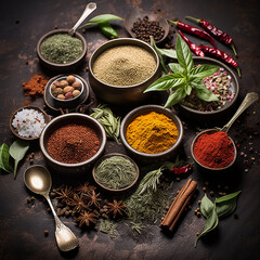 Diverse dried colorful ayurveda spices on dark rustic background, top view - obrazy, fototapety, plakaty