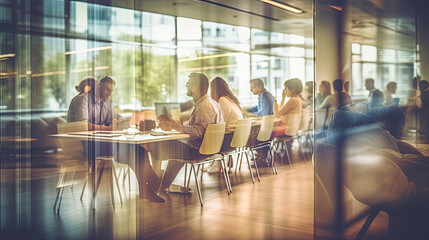 Fototapeta premium Business office with blurred people casual wear sitting in a meeting. Generative Ai