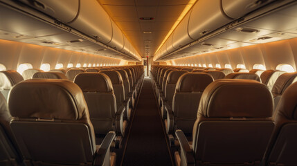 Empty aircraft seats. Interior of passenger plane. Generative Ai