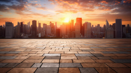 Empty brick floor with cityscape and skyline background. Generative Ai