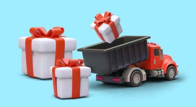 3D dumper with gifts. Cute concept in cartoon style. Announcement of generous promotion. Bonuses for buyers. Prize draw. Vector color banner for web design