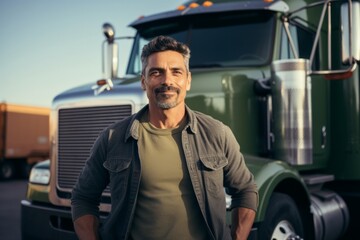 Portrait of a middle aged Hispanic, body positive male truck driver standing in front of a truck