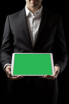 Hombre de negocios sosteniendo una Tablet con croma verde para interactuar con el mundo digital.